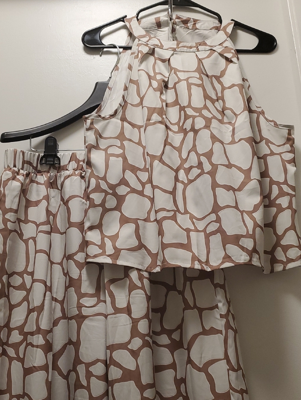 Fashion Nova Cream and Brown Printed Maxi Pant Set.